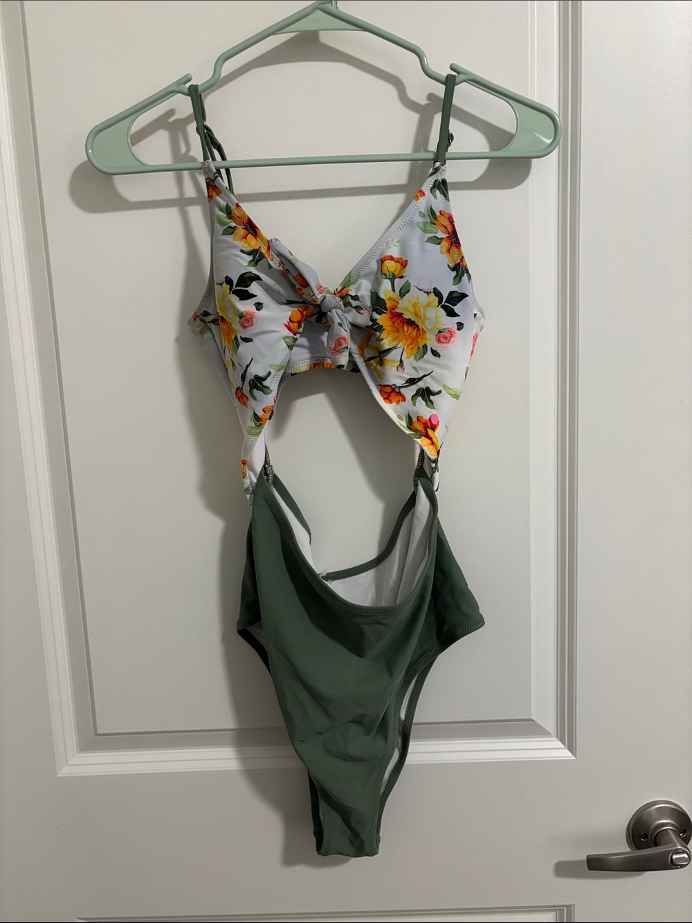 SHEIN White Floral & Olive Green Cutout One-Piece Swimsuit